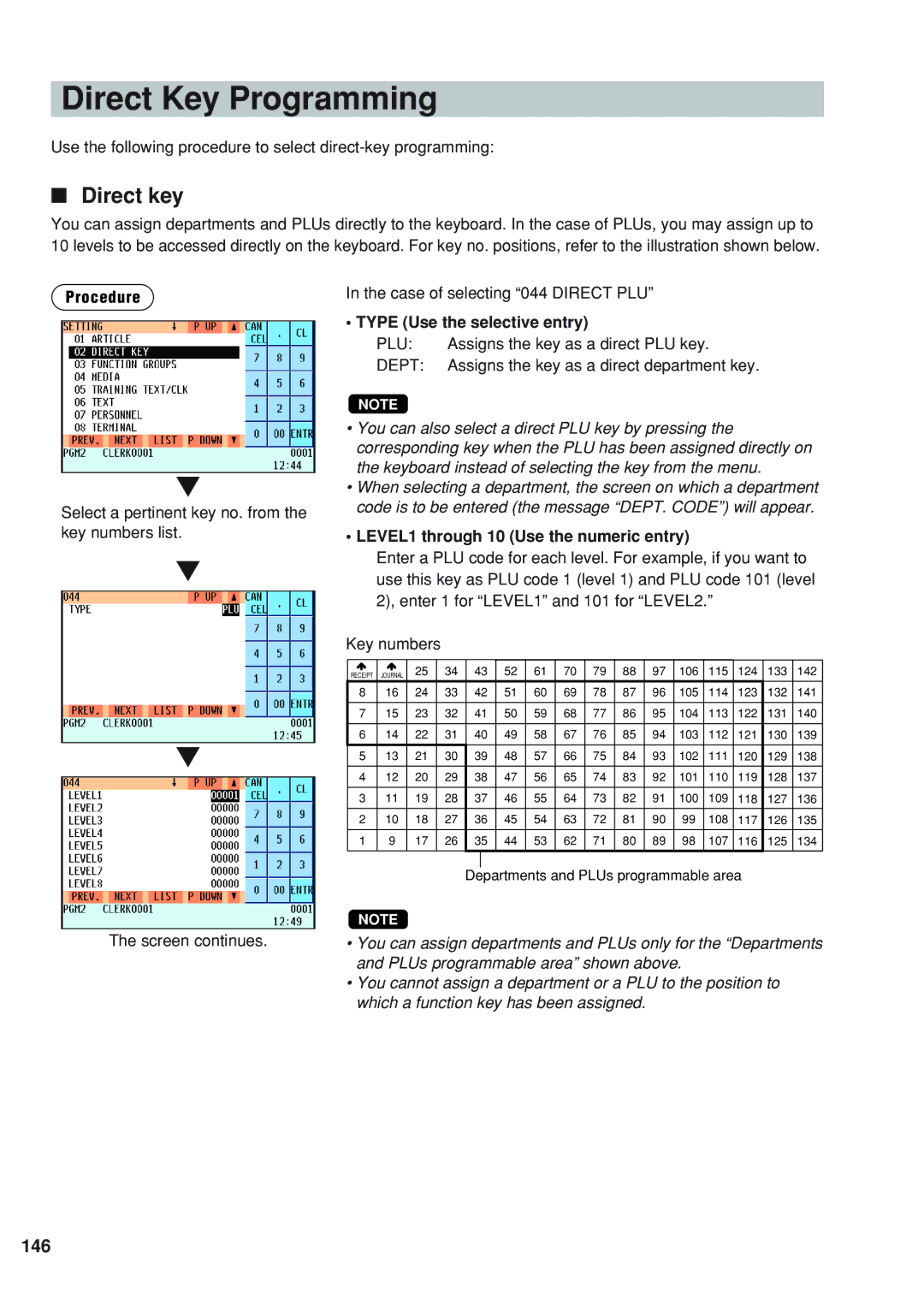 Sharp UP-820F instruction manual Direct Key Programming, Direct key, 146, Assigns the key as a direct PLU key 