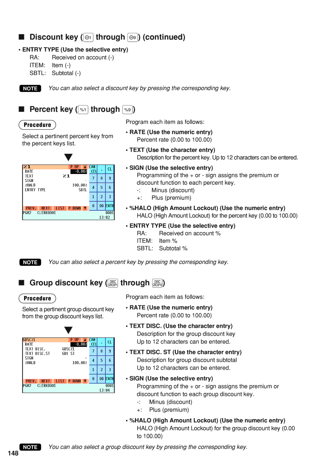 Sharp UP-820F Percent key ¡through ª, Group discount key L through a, 148, Entry Type Use the selective entry 