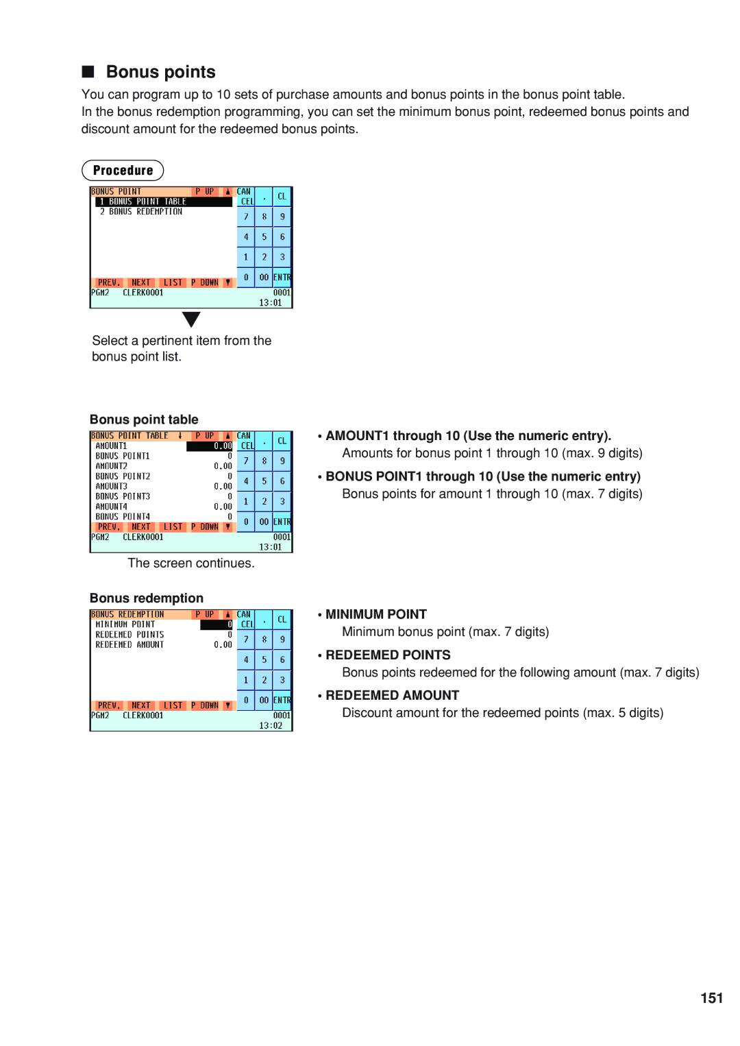 Sharp UP-820F instruction manual 151, Bonus point table, Bonus redemption 