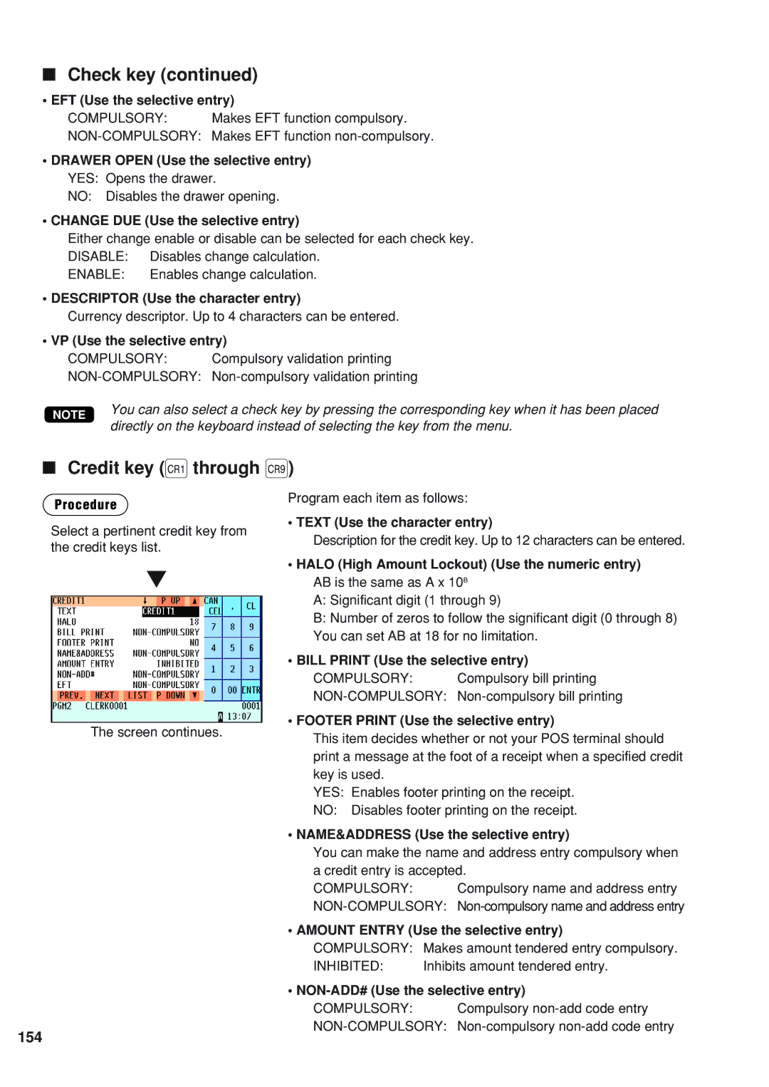 Sharp UP-820F instruction manual Check key, Credit key Ó through Œ, 154 