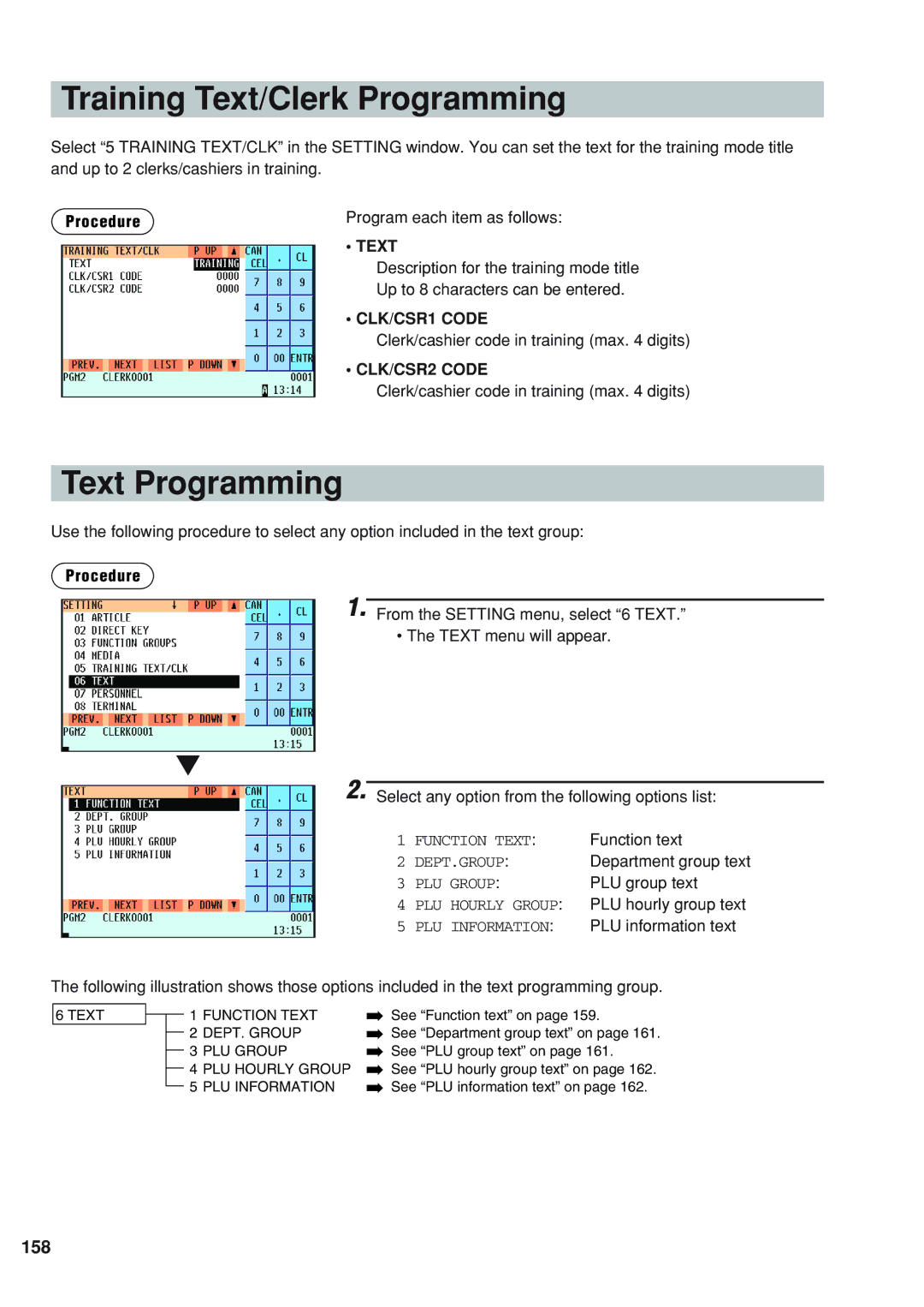 Sharp UP-820F instruction manual Training Text/Clerk Programming, Text Programming, 158 