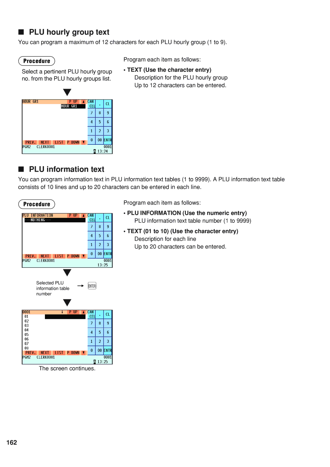 Sharp UP-820F instruction manual PLU hourly group text, PLU information text, 162, Up to 20 characters can be entered 