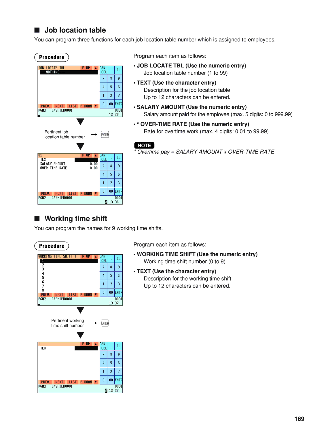 Sharp UP-820F instruction manual Job location table, Working time shift, 169, Salary Amount Use the numeric entry 