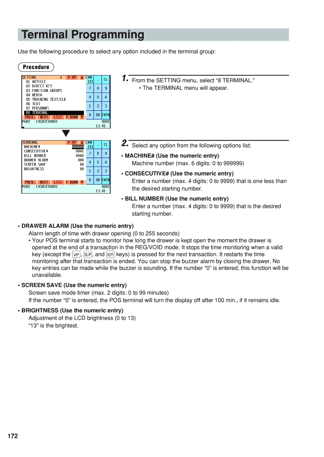 Sharp UP-820F instruction manual Terminal Programming, 172 