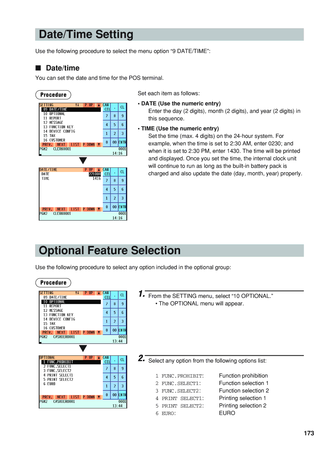 Sharp UP-820F instruction manual Date/Time Setting, Optional Feature Selection, Date/time, 173 