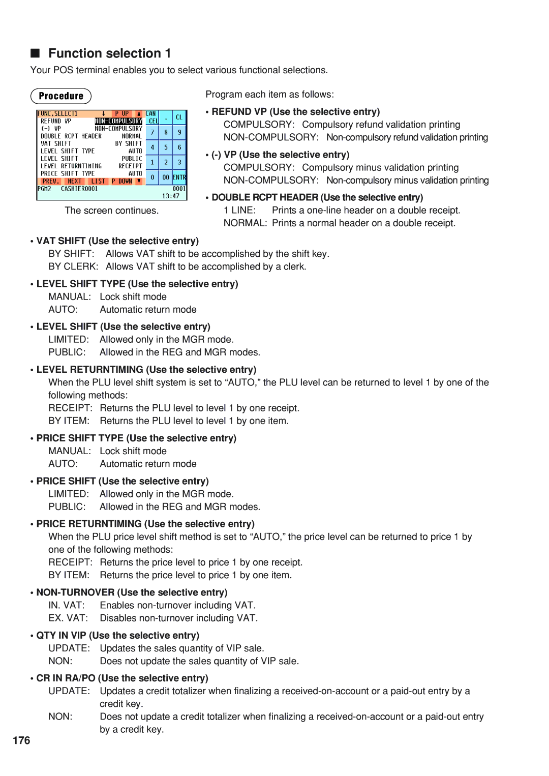 Sharp UP-820F instruction manual Function selection, 176 