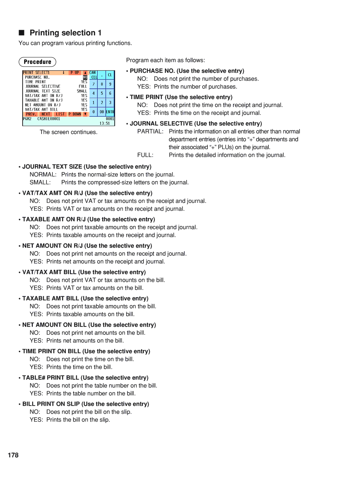 Sharp UP-820F instruction manual Printing selection, 178 