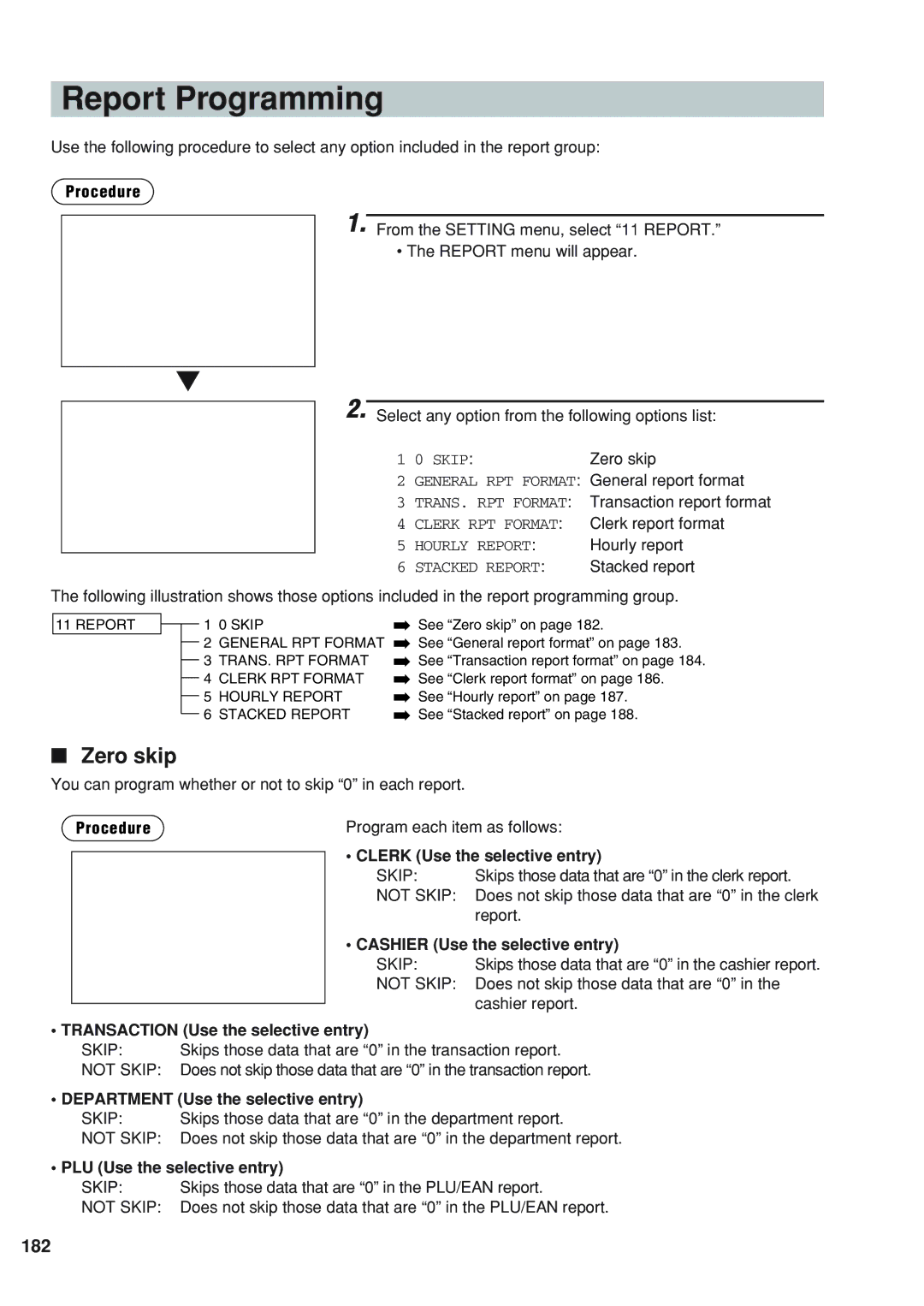 Sharp UP-820F instruction manual Report Programming, Zero skip, 182 