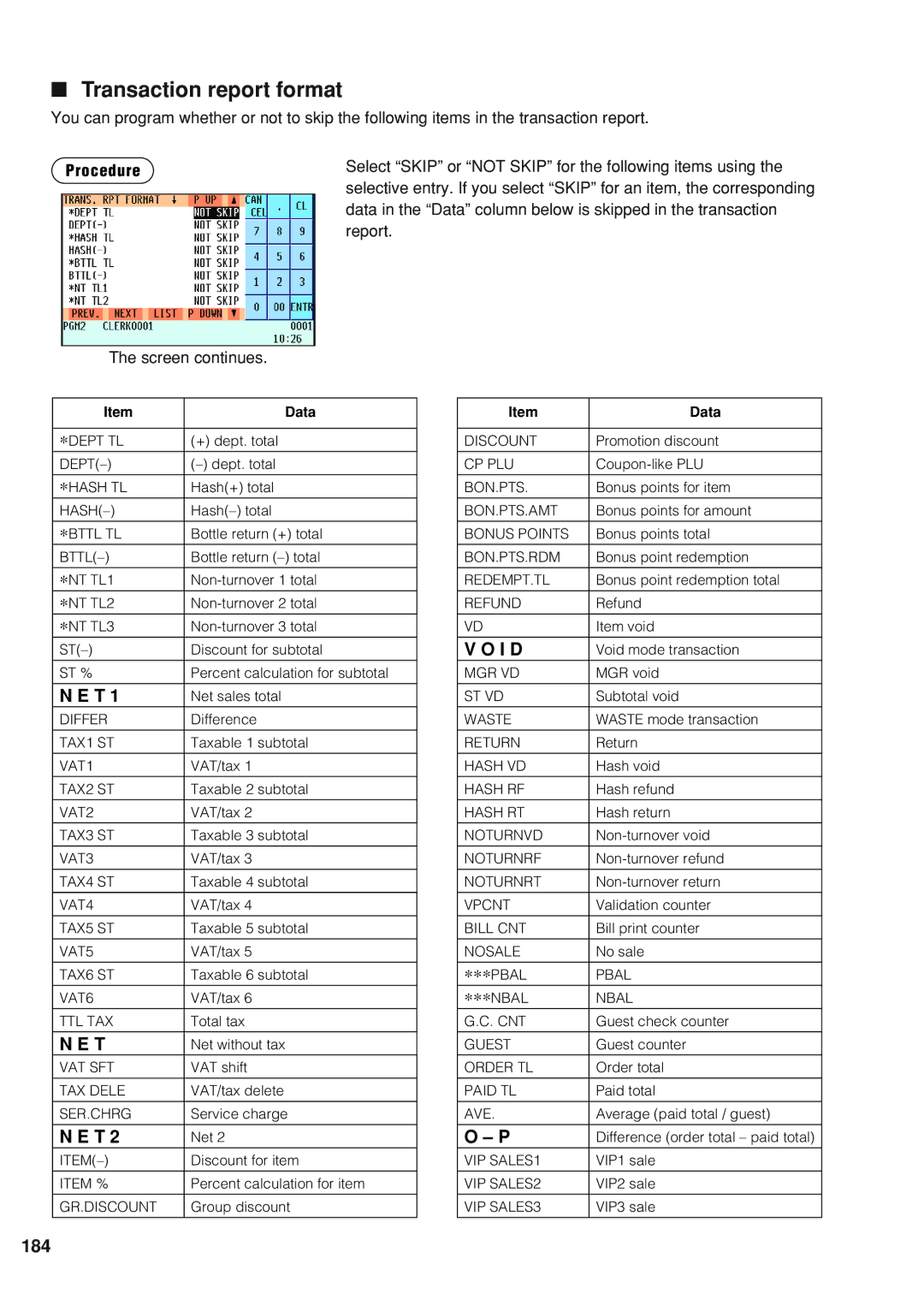 Sharp UP-820F instruction manual Transaction report format, 184 