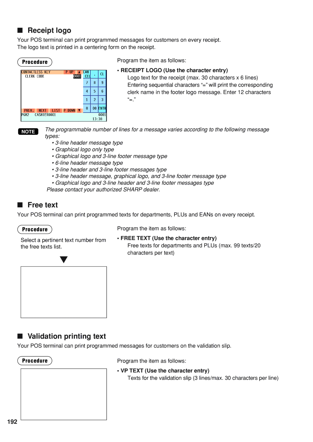 Sharp UP-820F instruction manual Receipt logo, Free text, Validation printing text, 192 