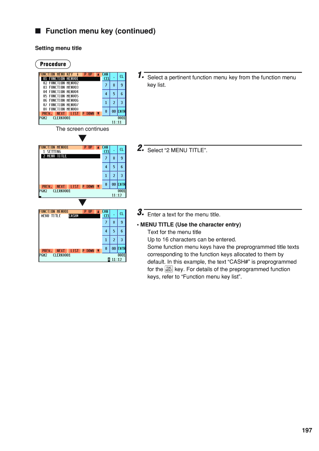 Sharp UP-820F 197, Setting menu title Procedure, Menu Title Use the character entry Text for the menu title 