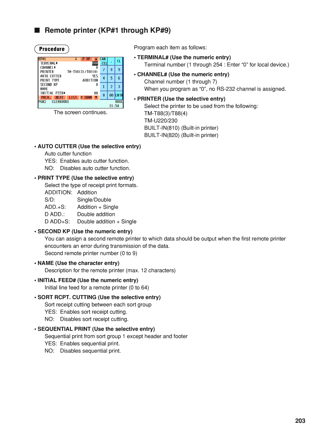 Sharp UP-820F Remote printer KP#1 through KP#9, 203, Print Type Use the selective entry, Second KP Use the numeric entry 