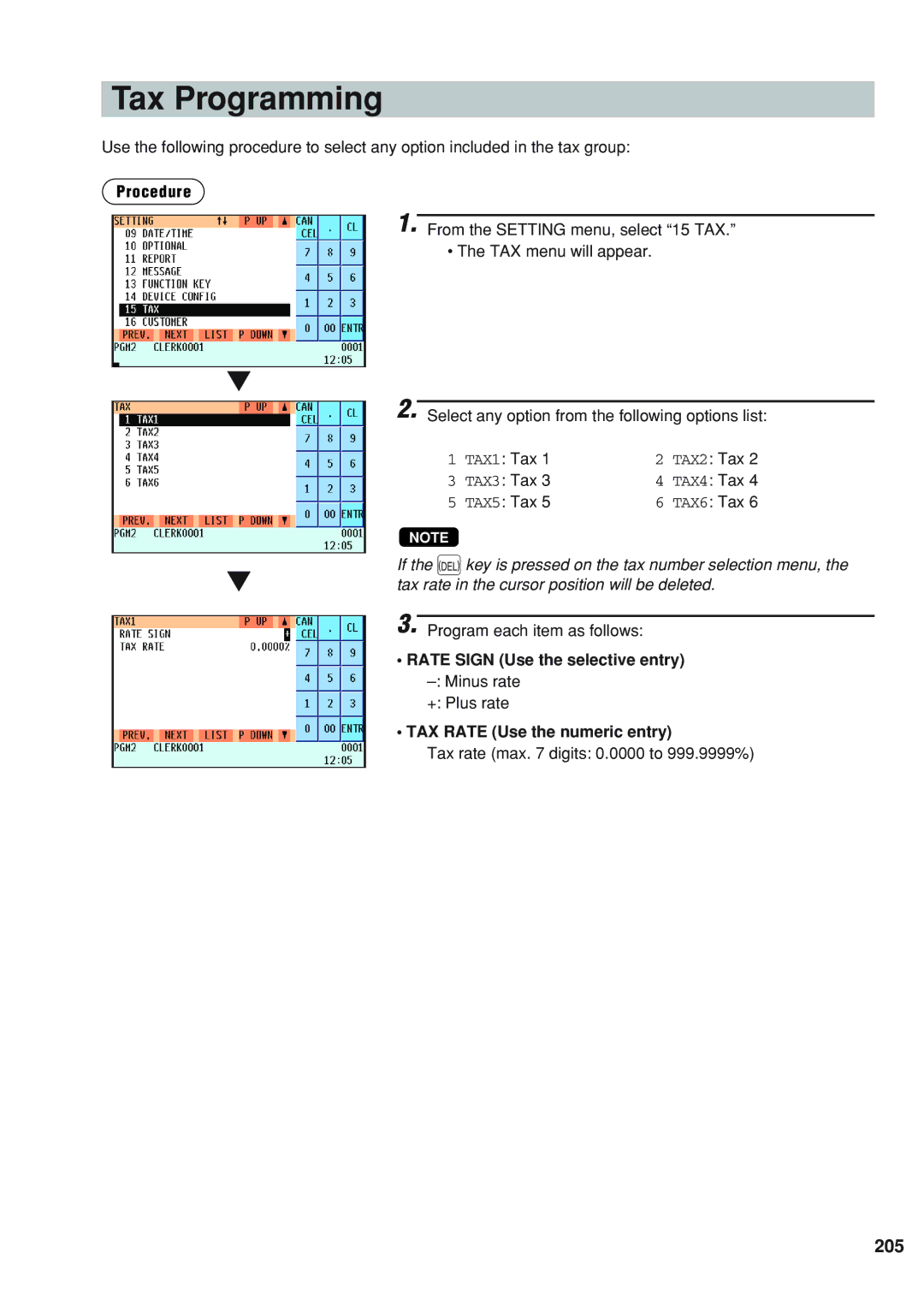 Sharp UP-820F Tax Programming, 205, Rate Sign Use the selective entry Minus rate, TAX Rate Use the numeric entry 