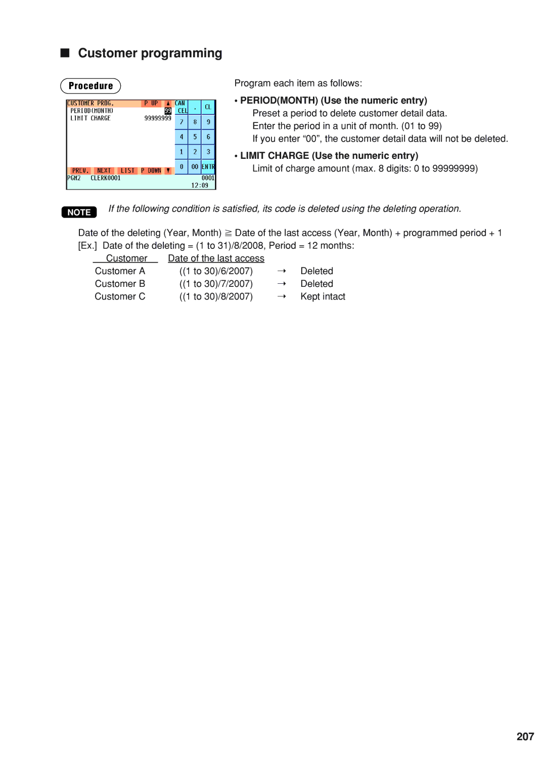 Sharp UP-820F instruction manual Customer programming, 207, Limit Charge Use the numeric entry 