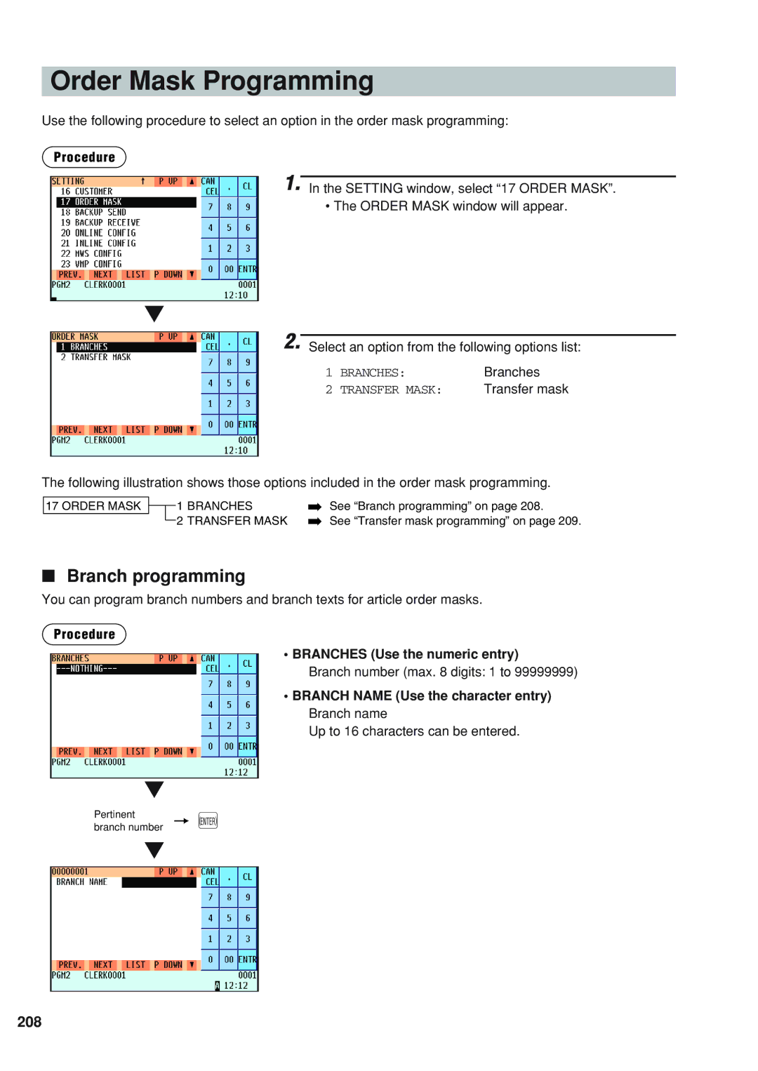 Sharp UP-820F instruction manual Order Mask Programming, Branch programming, 208, Procedure Branches Use the numeric entry 