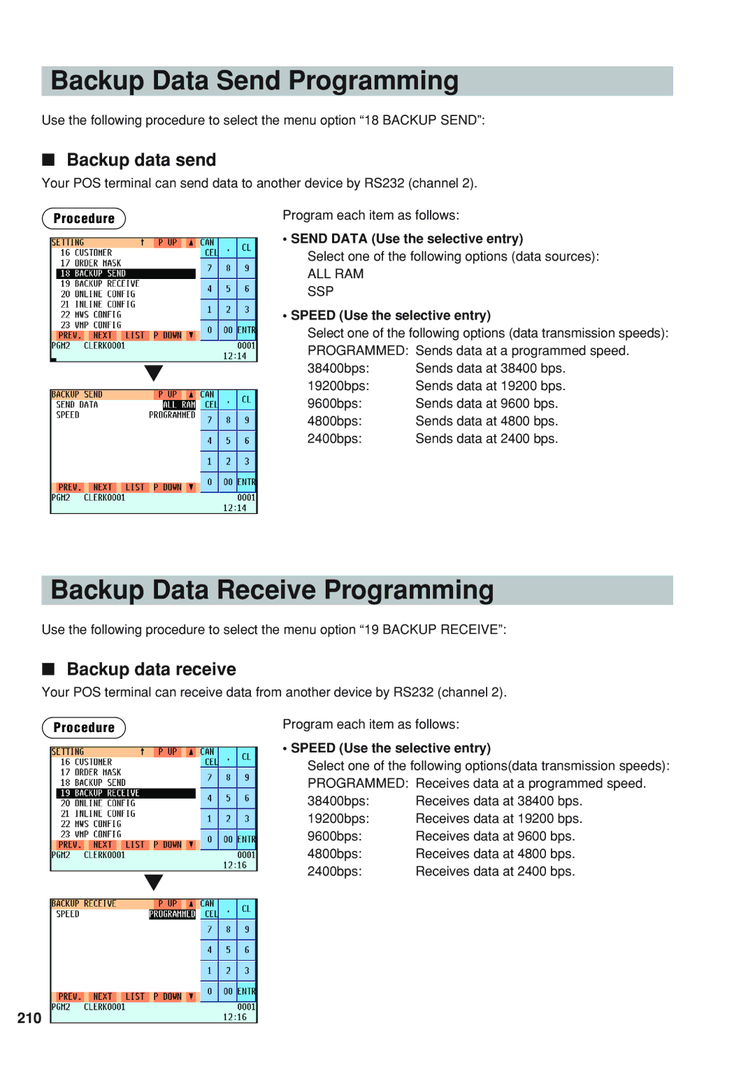 Sharp UP-820F Backup Data Send Programming, Backup Data Receive Programming, Backup data send, Backup data receive, 210 