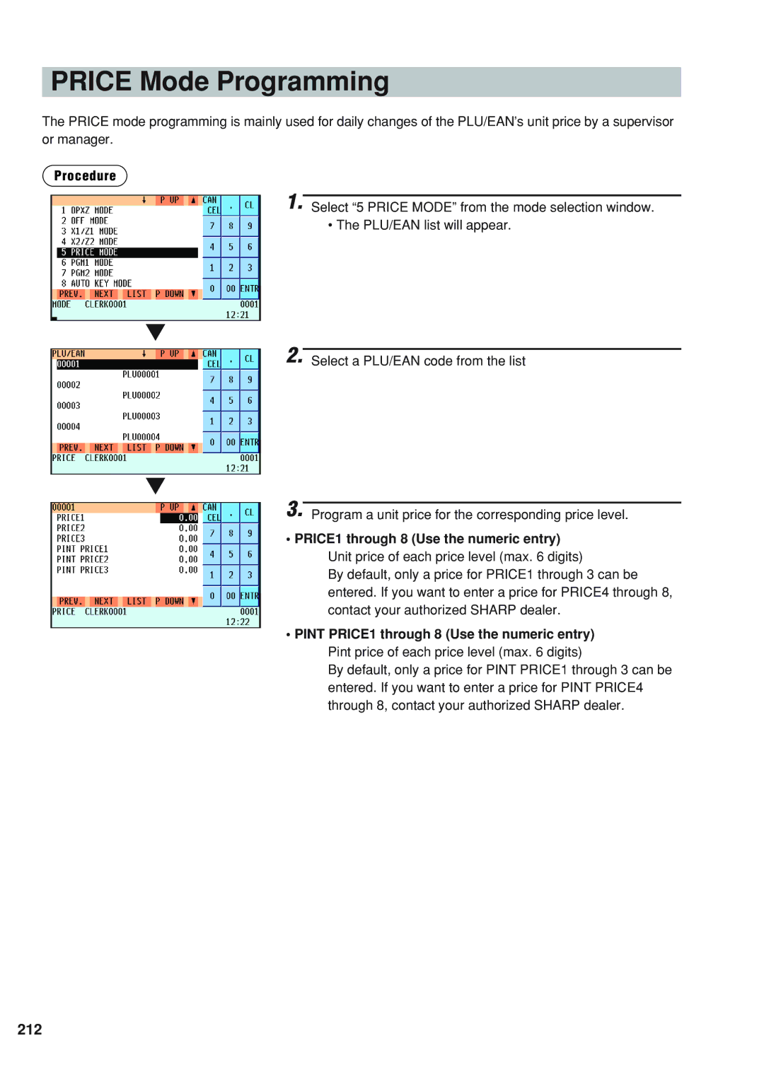 Sharp UP-820F instruction manual Price Mode Programming, 212, Pint PRICE1 through 8 Use the numeric entry 