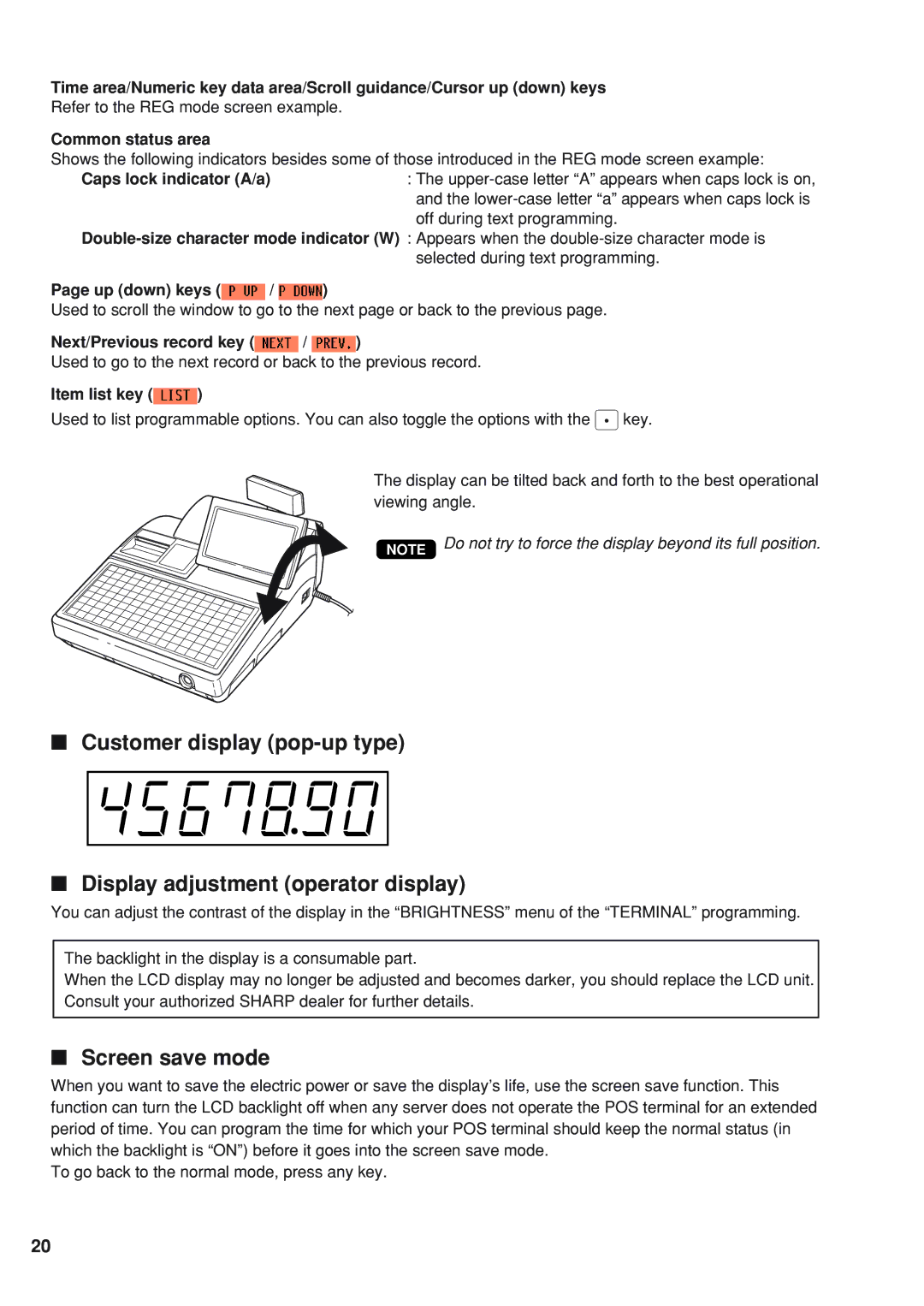 Sharp UP-820F Screen save mode, Refer to the REG mode screen example, Up down keys, Next/Previous record key 