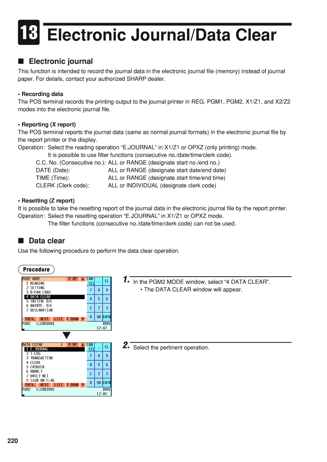 Sharp UP-820F instruction manual Electronic Journal/Data Clear, Electronic journal, Data clear, 220 