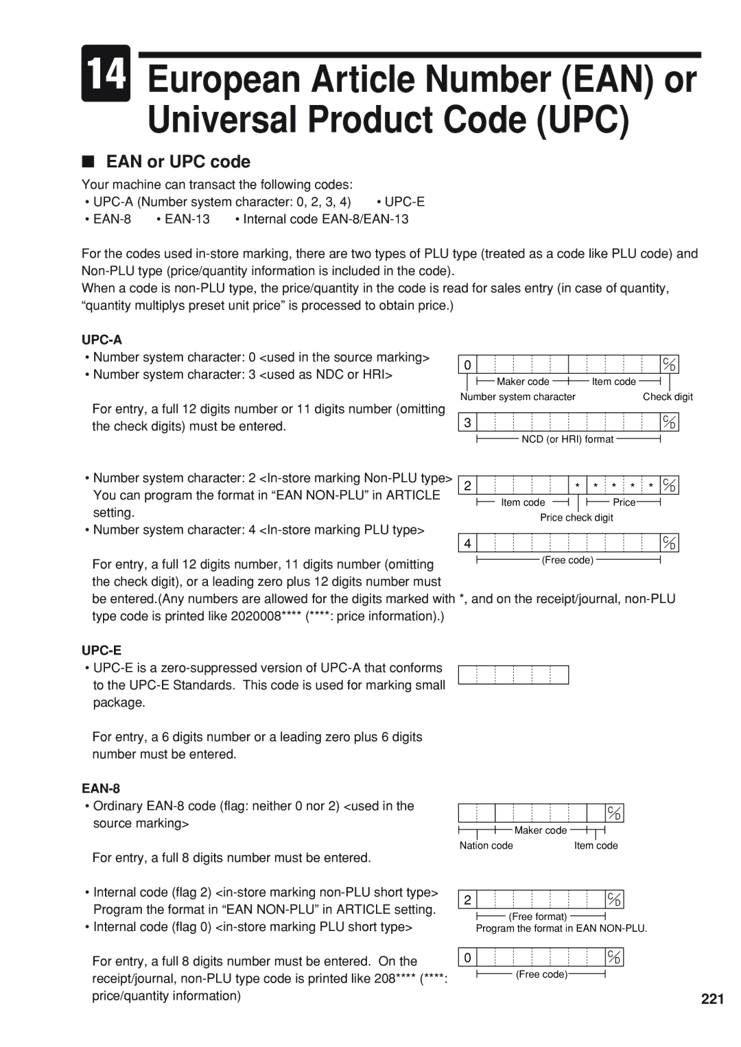 Sharp UP-820F instruction manual EAN or UPC code, 221, Receipt/journal, non-PLU 