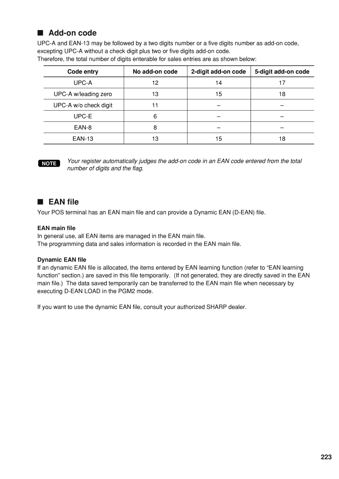 Sharp UP-820F instruction manual Add-on code, EAN file, 223 