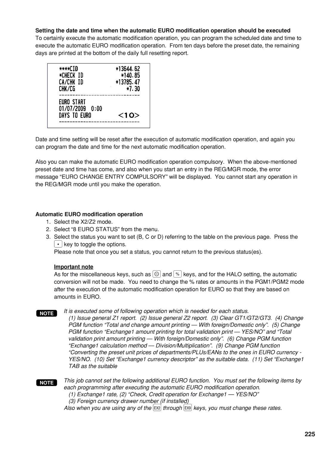 Sharp UP-820F instruction manual 225, Automatic Euro modification operation, Important note 