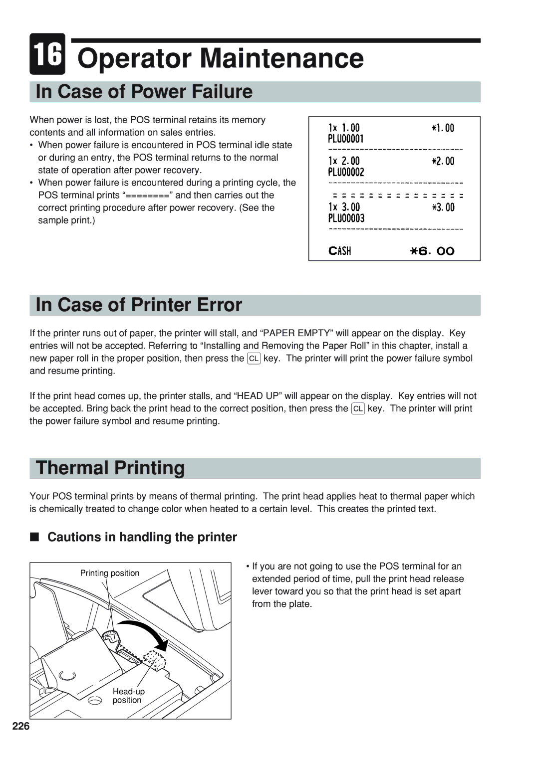 Sharp UP-820F instruction manual Operator Maintenance, Case of Power Failure, Case of Printer Error, Thermal Printing, 226 