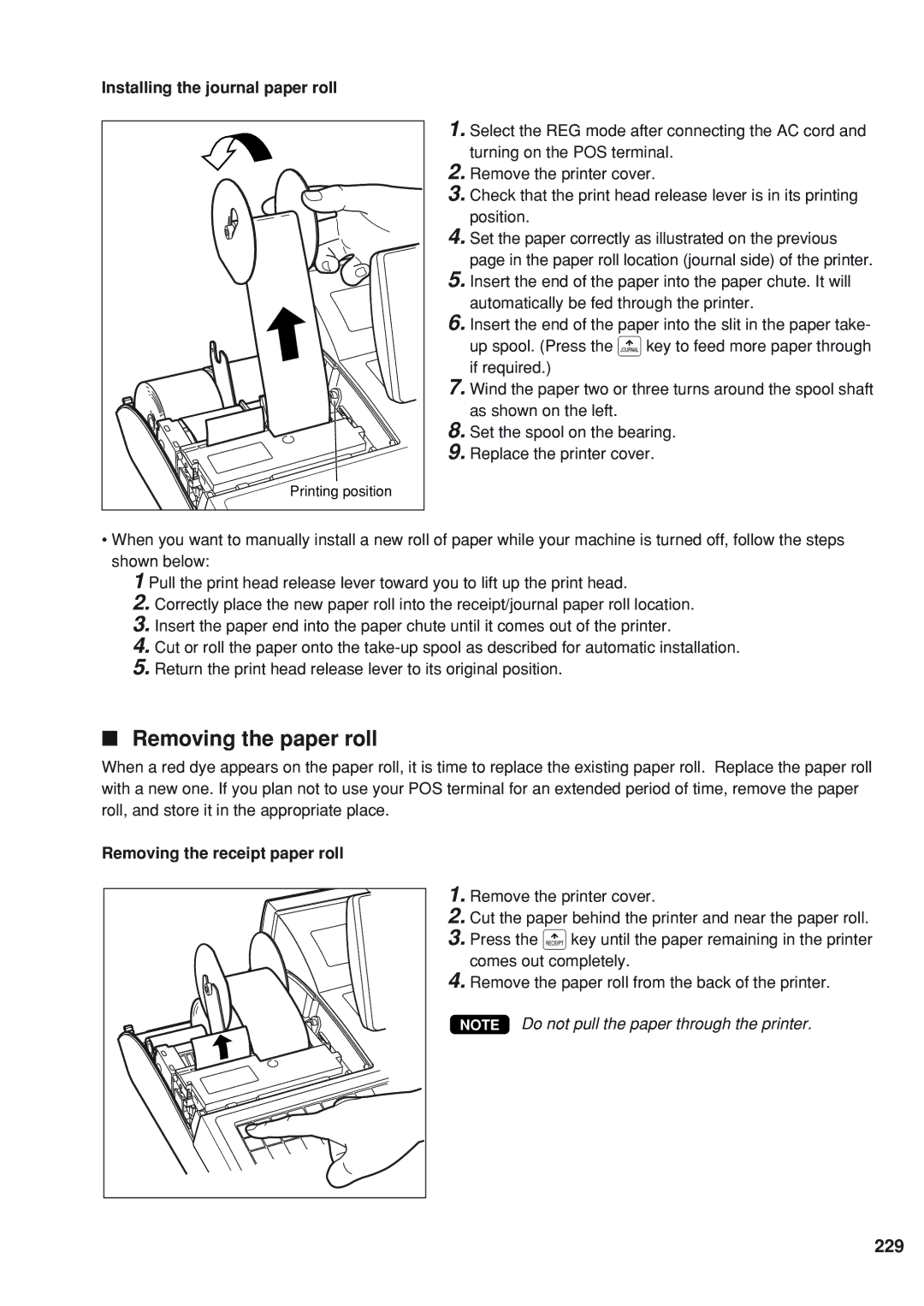 Sharp UP-820F Removing the paper roll, 229, Installing the journal paper roll, Removing the receipt paper roll 