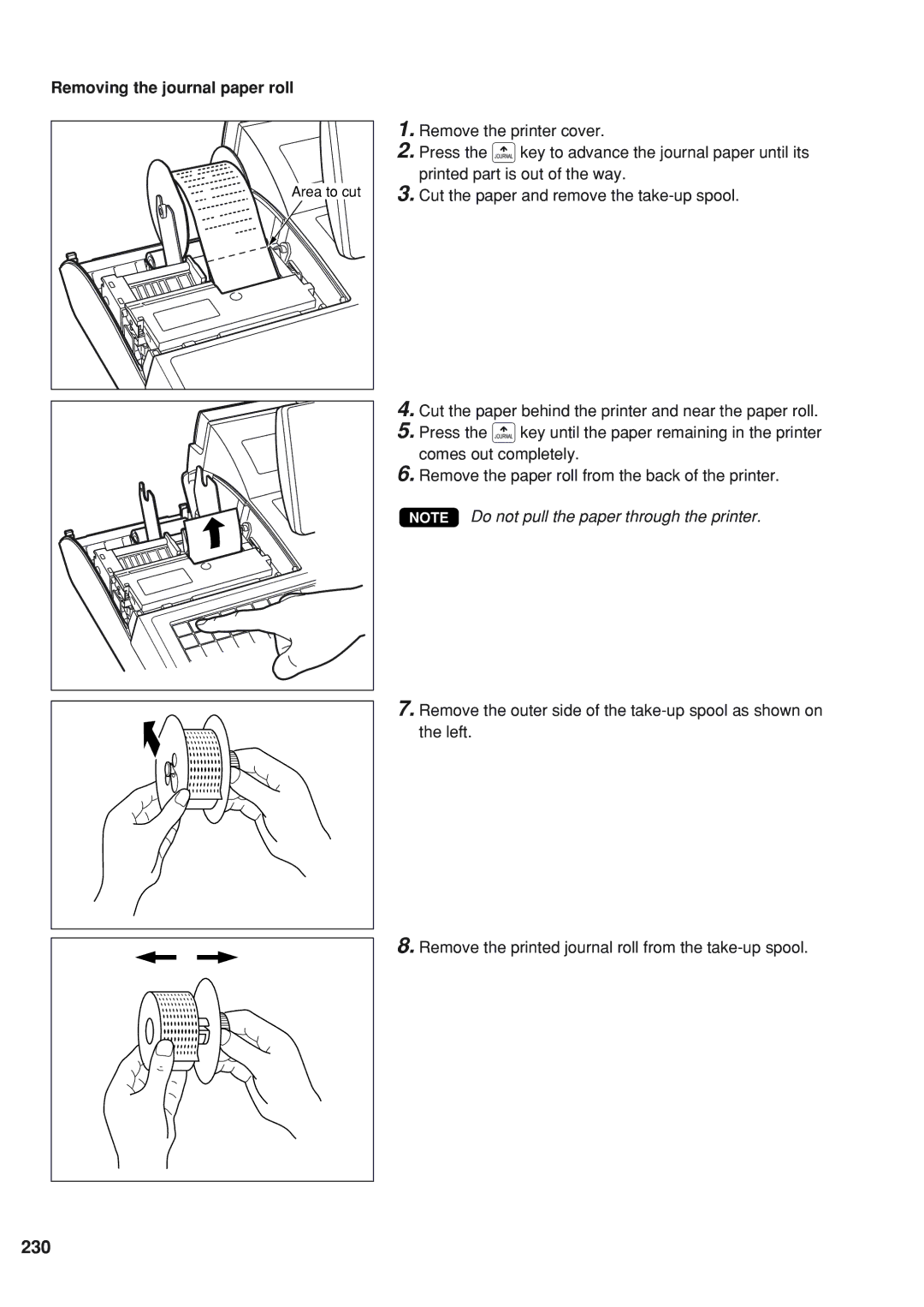 Sharp UP-820F instruction manual 230, Removing the journal paper roll 