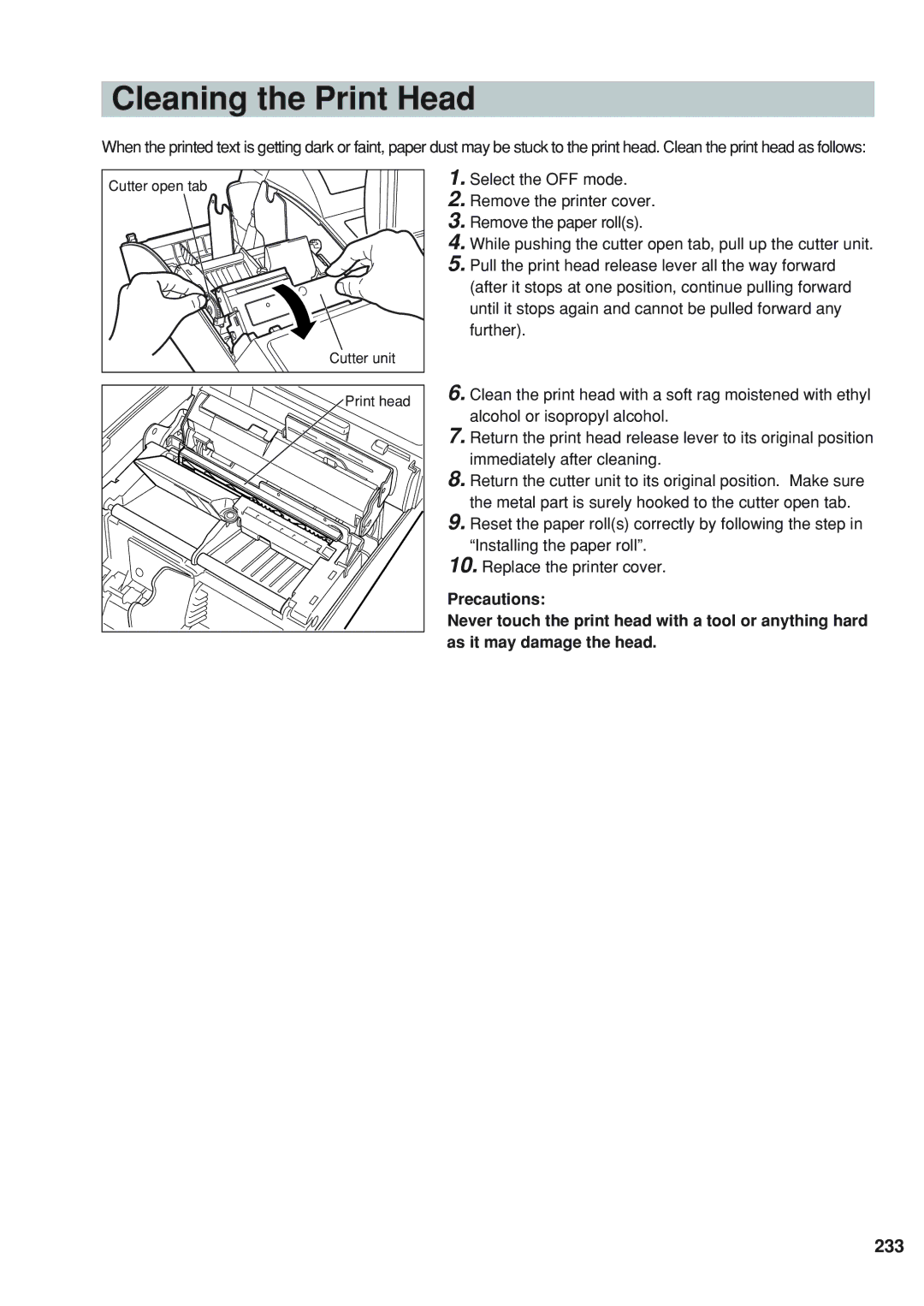 Sharp UP-820F instruction manual Cleaning the Print Head, 233 