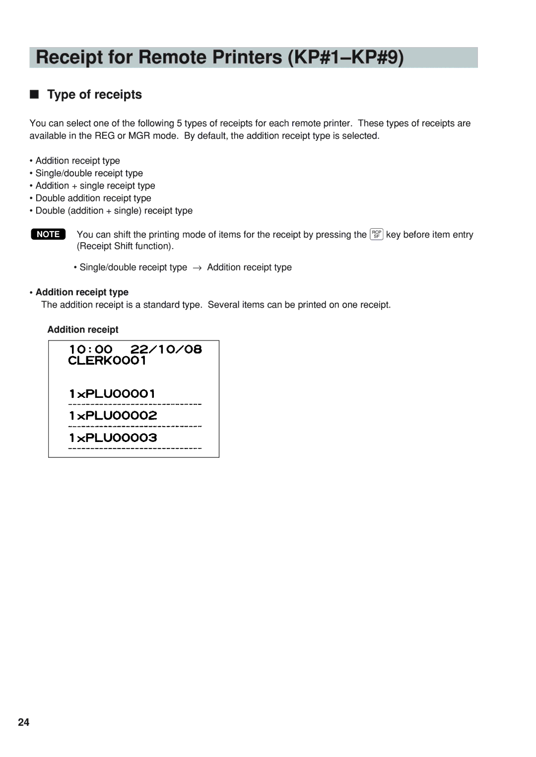 Sharp UP-820F instruction manual Receipt for Remote Printers KP#1-KP#9, Type of receipts, Addition receipt type 