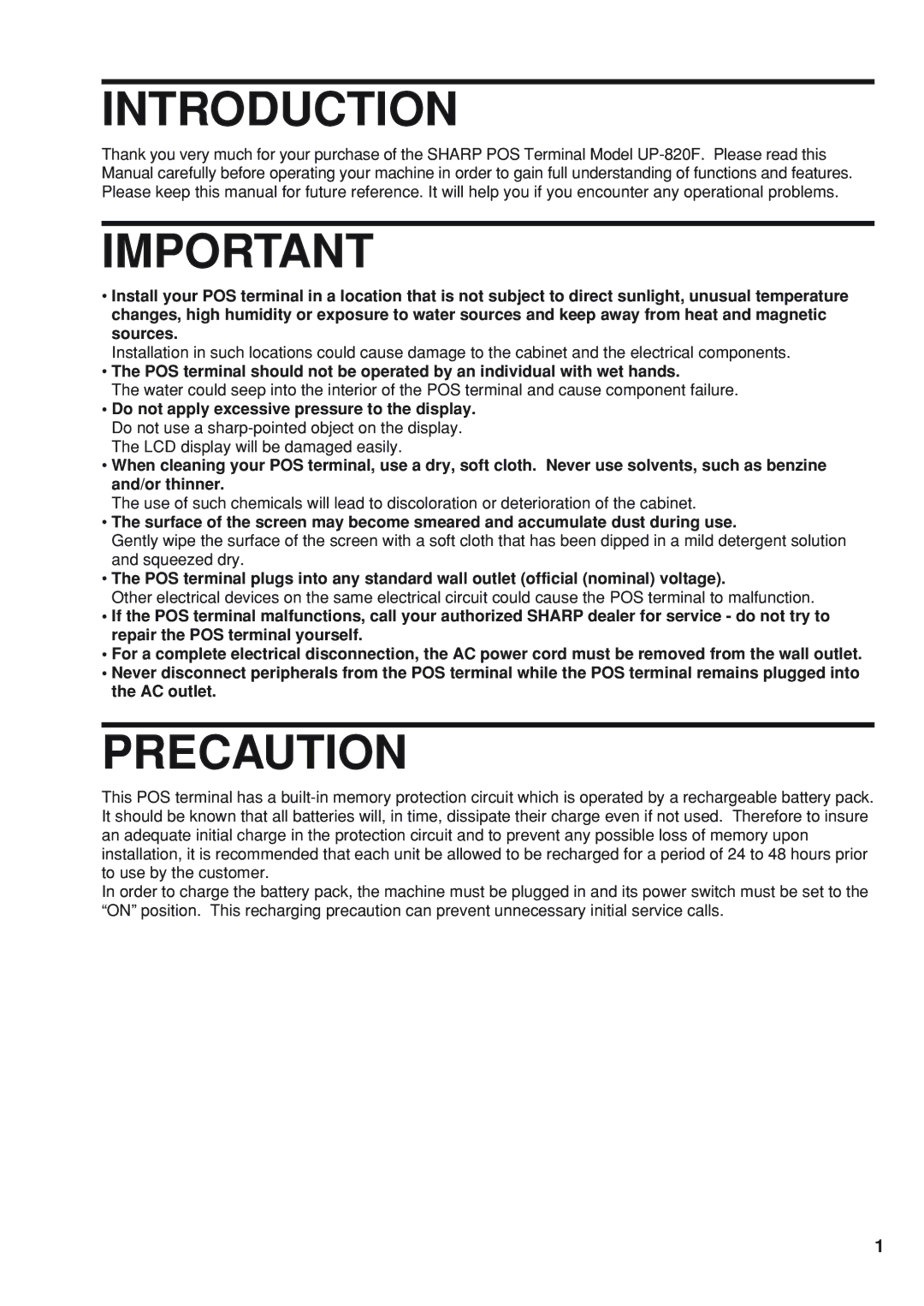 Sharp UP-820F instruction manual Introduction 