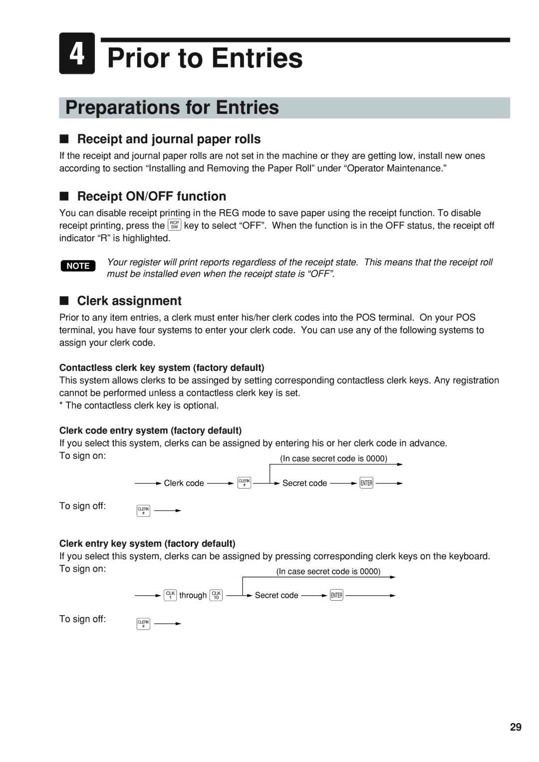 Sharp UP-820F Prior to Entries, Preparations for Entries, Receipt and journal paper rolls, Receipt ON/OFF function 