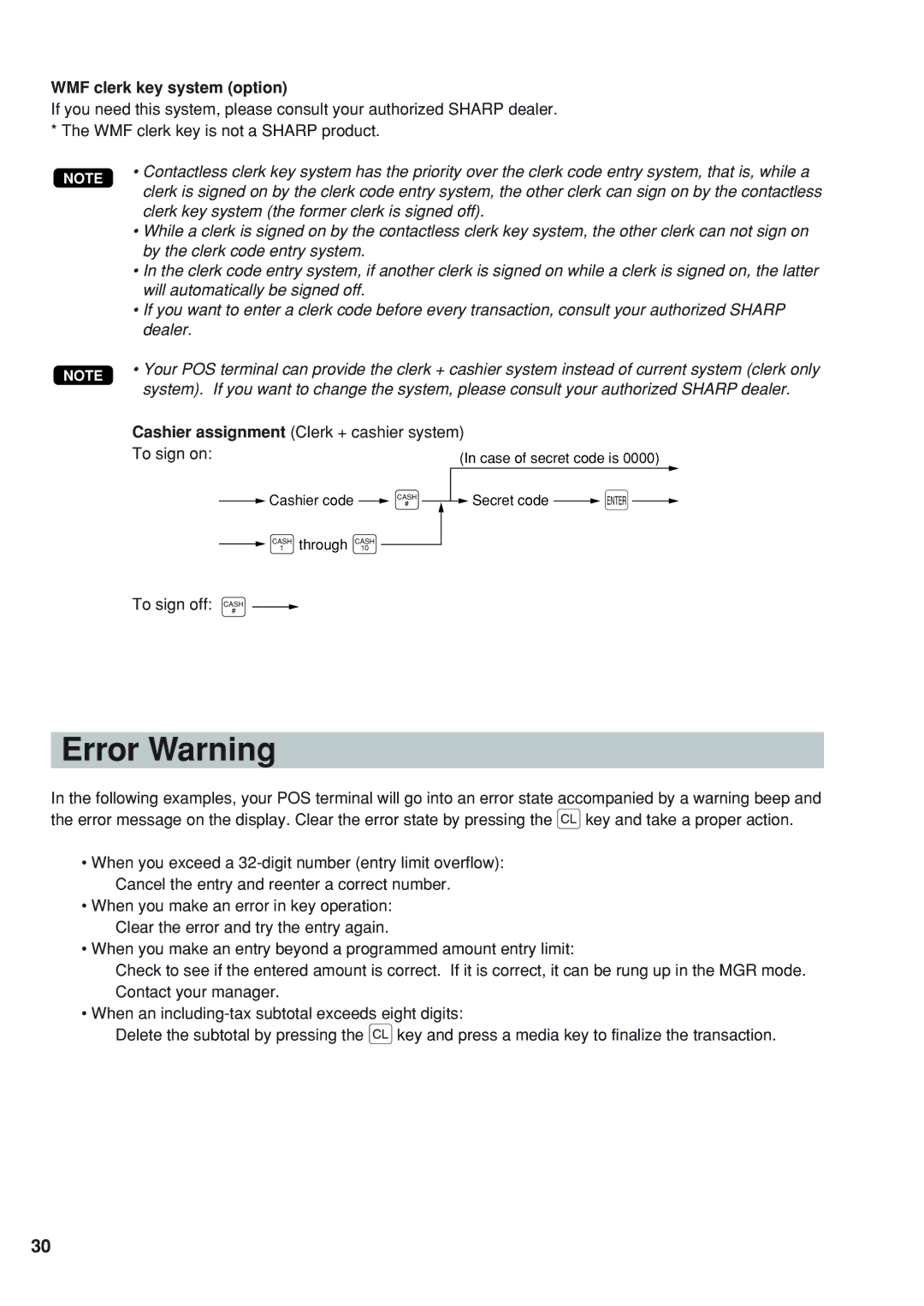 Sharp UP-820F Error Warning, WMF clerk key system option, Cashier assignment Clerk + cashier system To sign on 