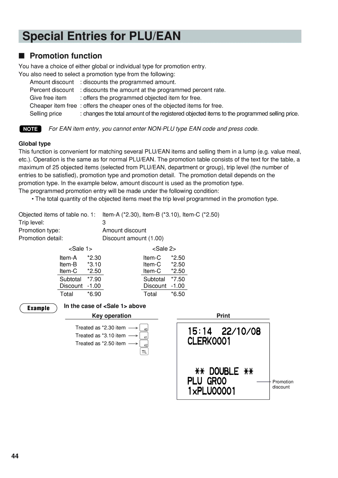 Sharp UP-820F instruction manual Special Entries for PLU/EAN, Promotion function, Global type 