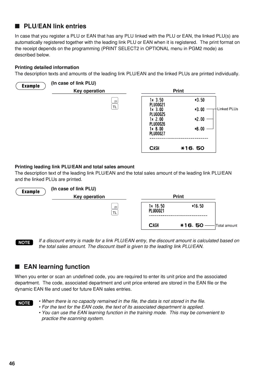 Sharp UP-820F PLU/EAN link entries, EAN learning function, Printing leading link PLU/EAN and total sales amount 