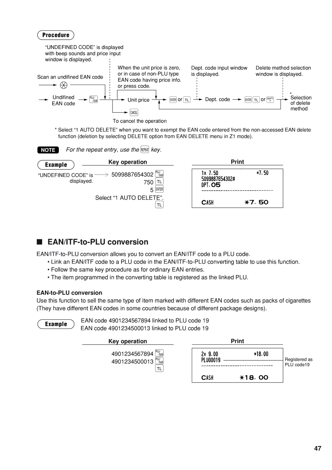 Sharp UP-820F EAN/ITF-to-PLU conversion, Example Key operation Print 5099887654302 s, 750 c, EAN-to-PLU conversion 