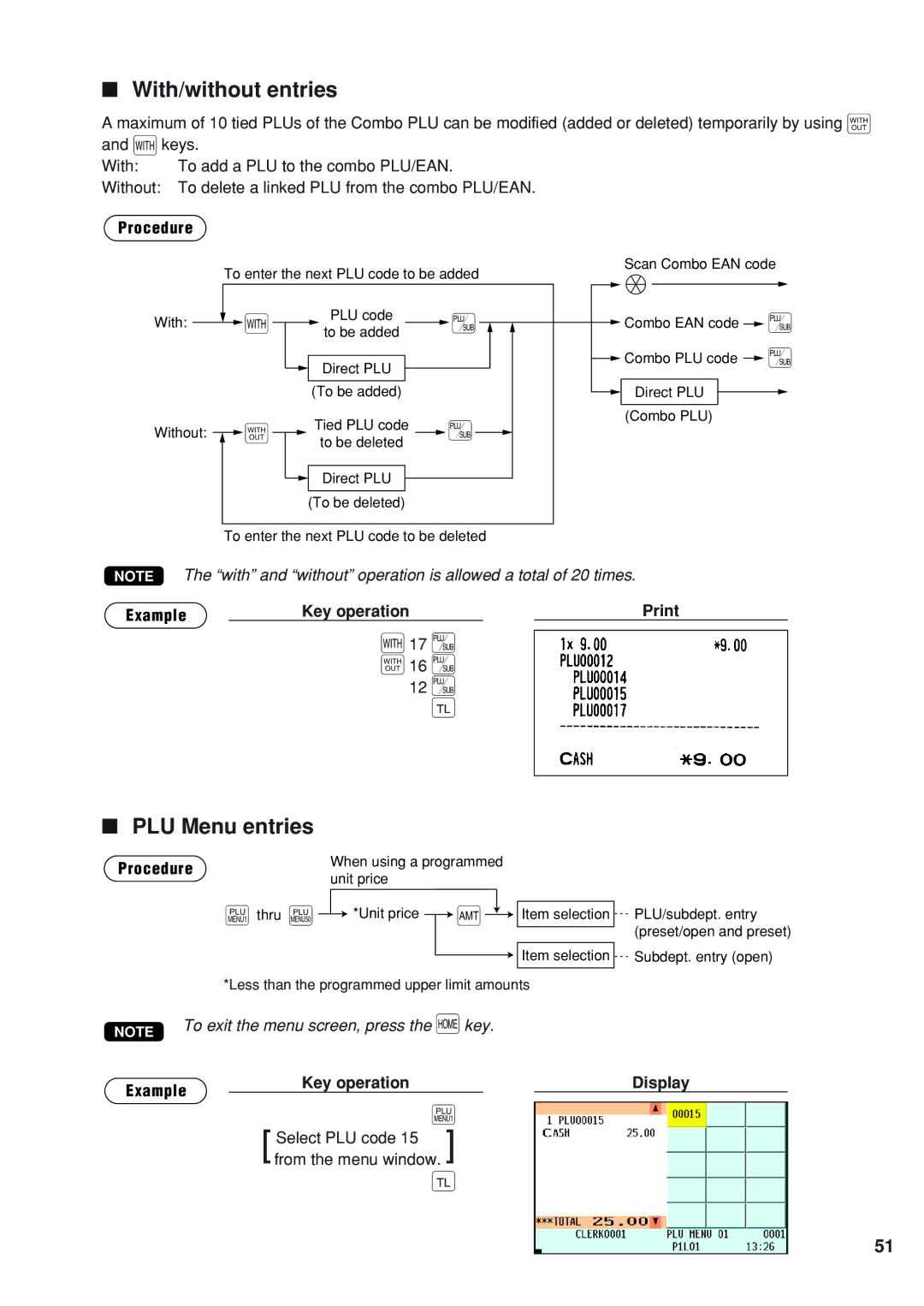 Sharp UP-820F instruction manual With/without entries, PLU Menu entries, 17 s W16 s 12 s, Select PLU code 