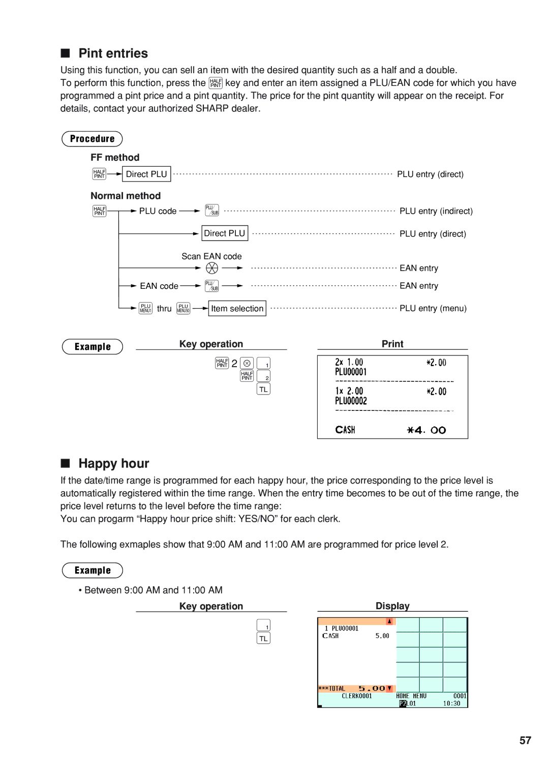 Sharp UP-820F instruction manual X1 2 c, Pint entries, Happy hour, Between 900 AM and 1100 AM 