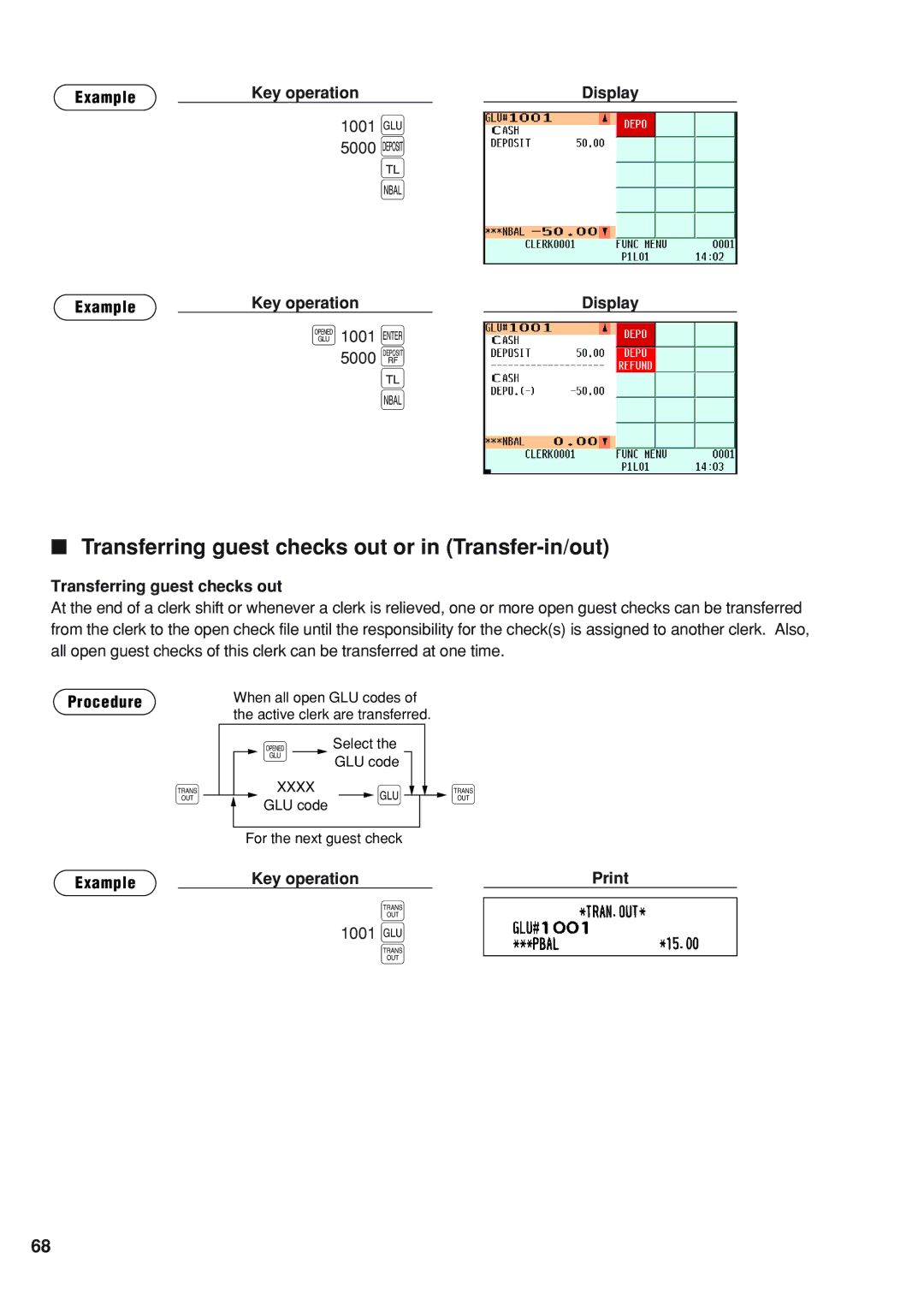 Sharp UP-820F instruction manual Transferring guest checks out or in Transfer-in/out, 1001 g 5000, 1001 e 5000 