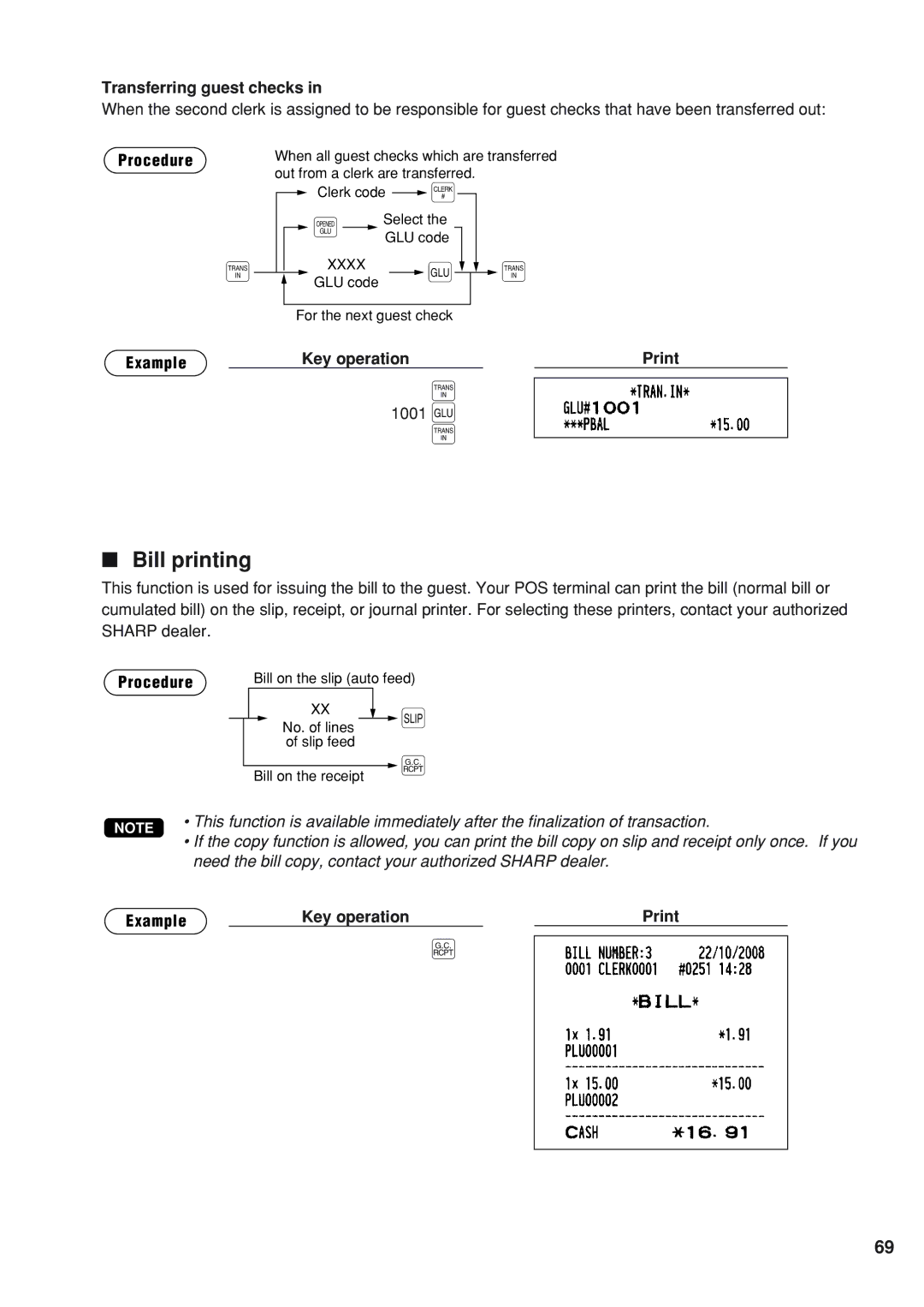 Sharp UP-820F instruction manual Bill printing, Transferring guest checks 