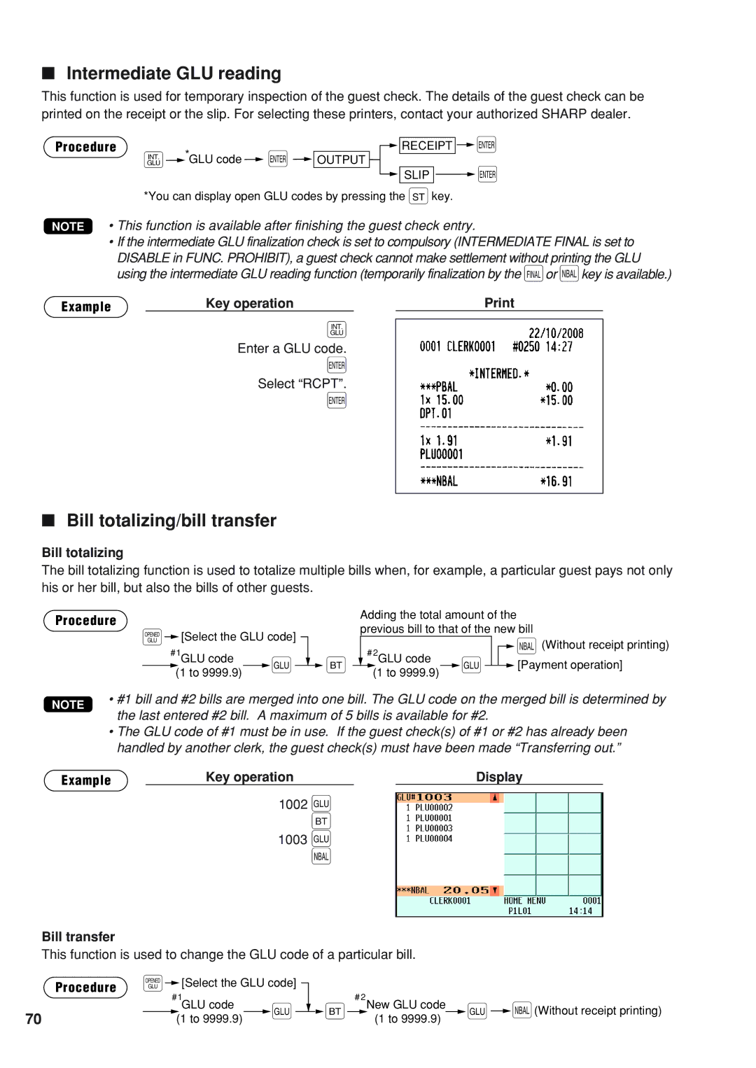 Sharp UP-820F instruction manual Intermediate GLU reading, Bill totalizing/bill transfer, Bill transfer 