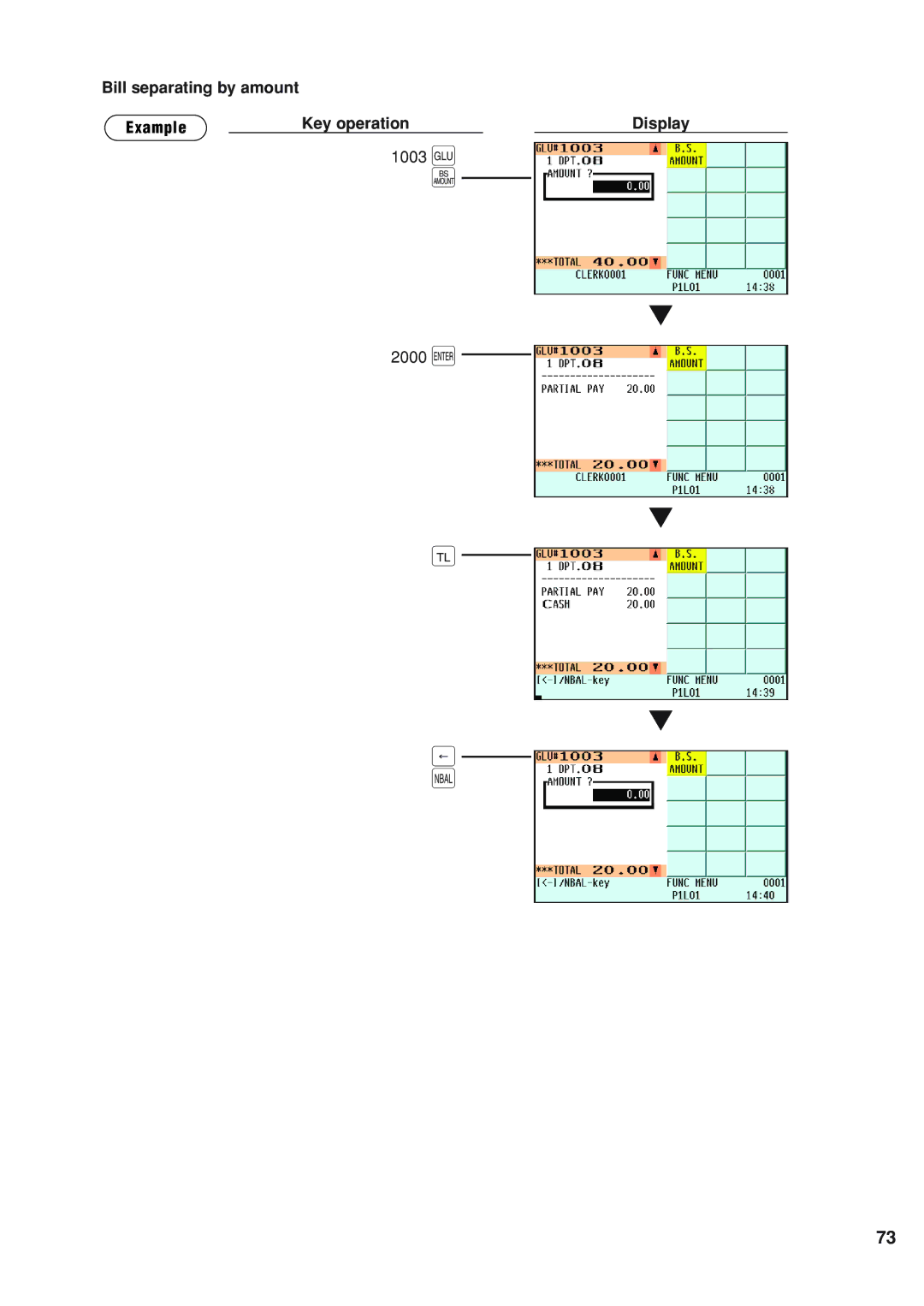 Sharp UP-820F instruction manual Bill separating by amount Example Key operation Display, 1003 g 2000 e 