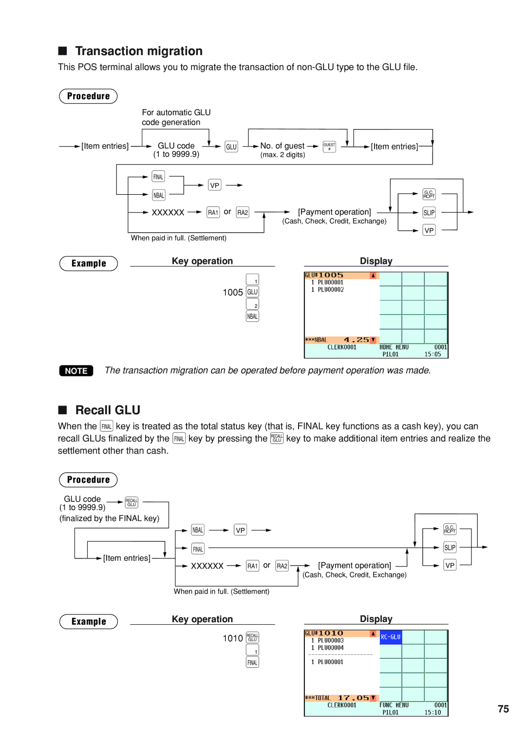 Sharp UP-820F instruction manual √ ı, Transaction migration, Recall GLU, 1005, 1010 Ü 