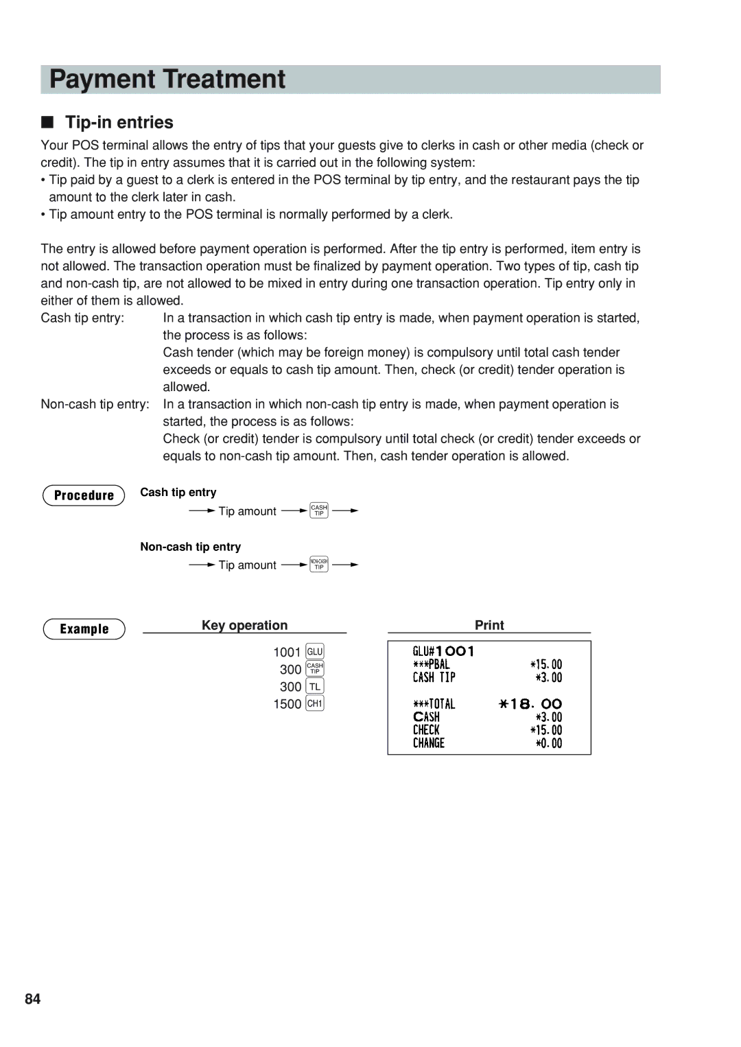 Sharp UP-820F instruction manual Payment Treatment, 300 300 c, Tip-in entries, 1500 h 