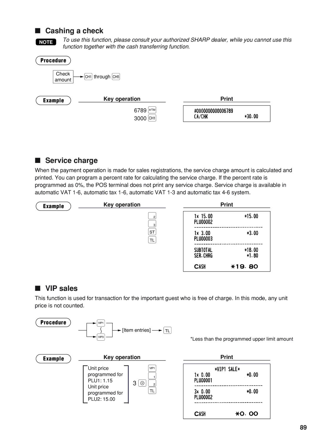 Sharp UP-820F instruction manual Cashing a check, Service charge, VIP sales, 6789 = 3000 h 