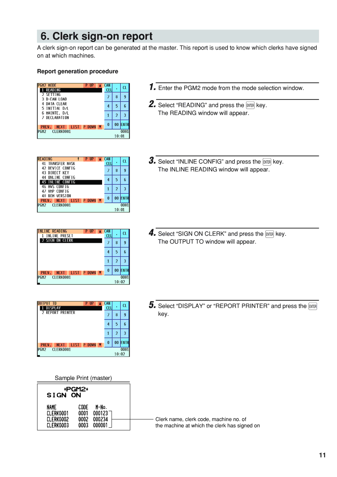 Sharp UP-820F, UP-820N manual Clerk sign-on report, Report generation procedure 