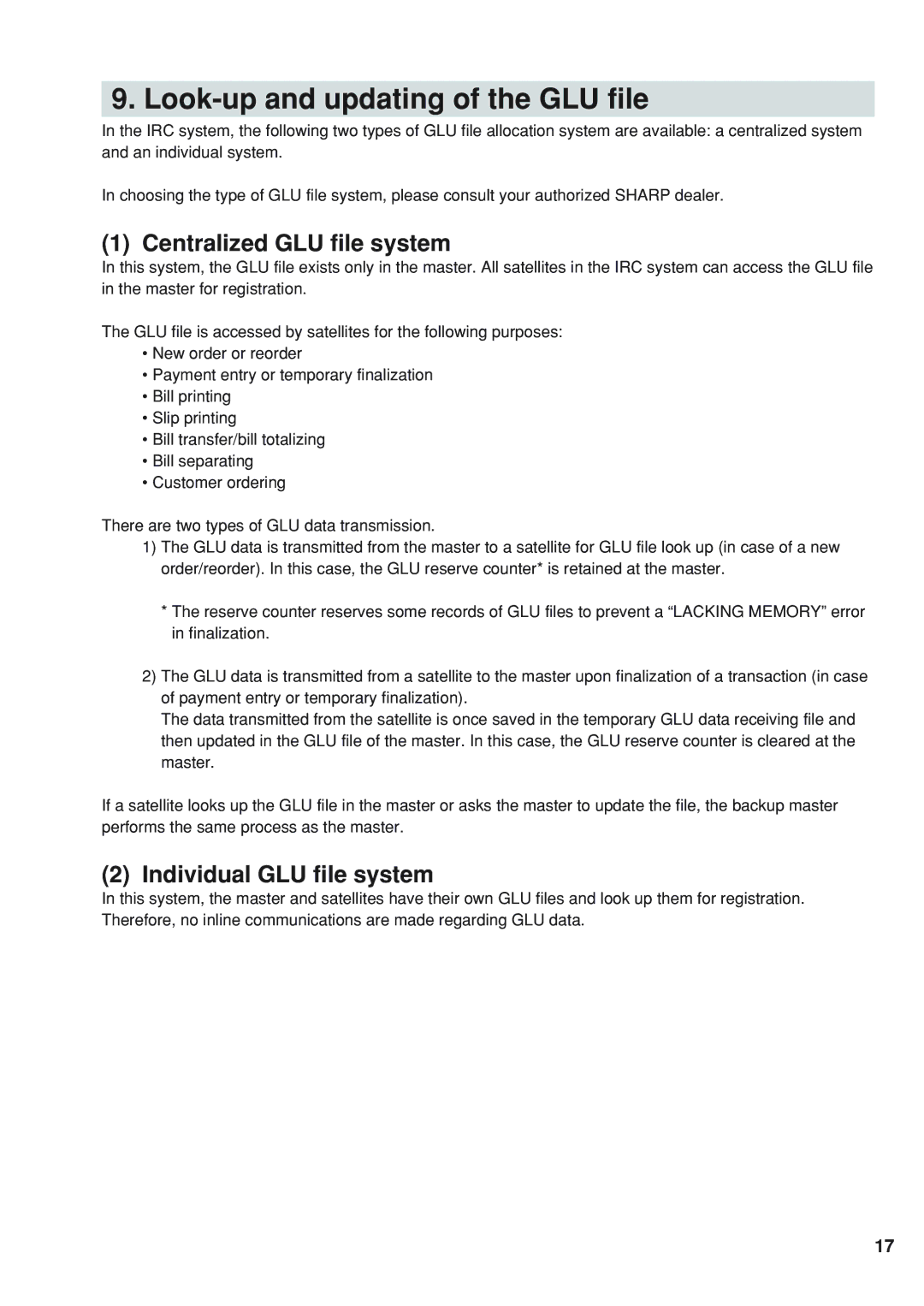 Sharp UP-820F, UP-820N manual Look-up and updating of the GLU file, Centralized GLU file system, Individual GLU file system 