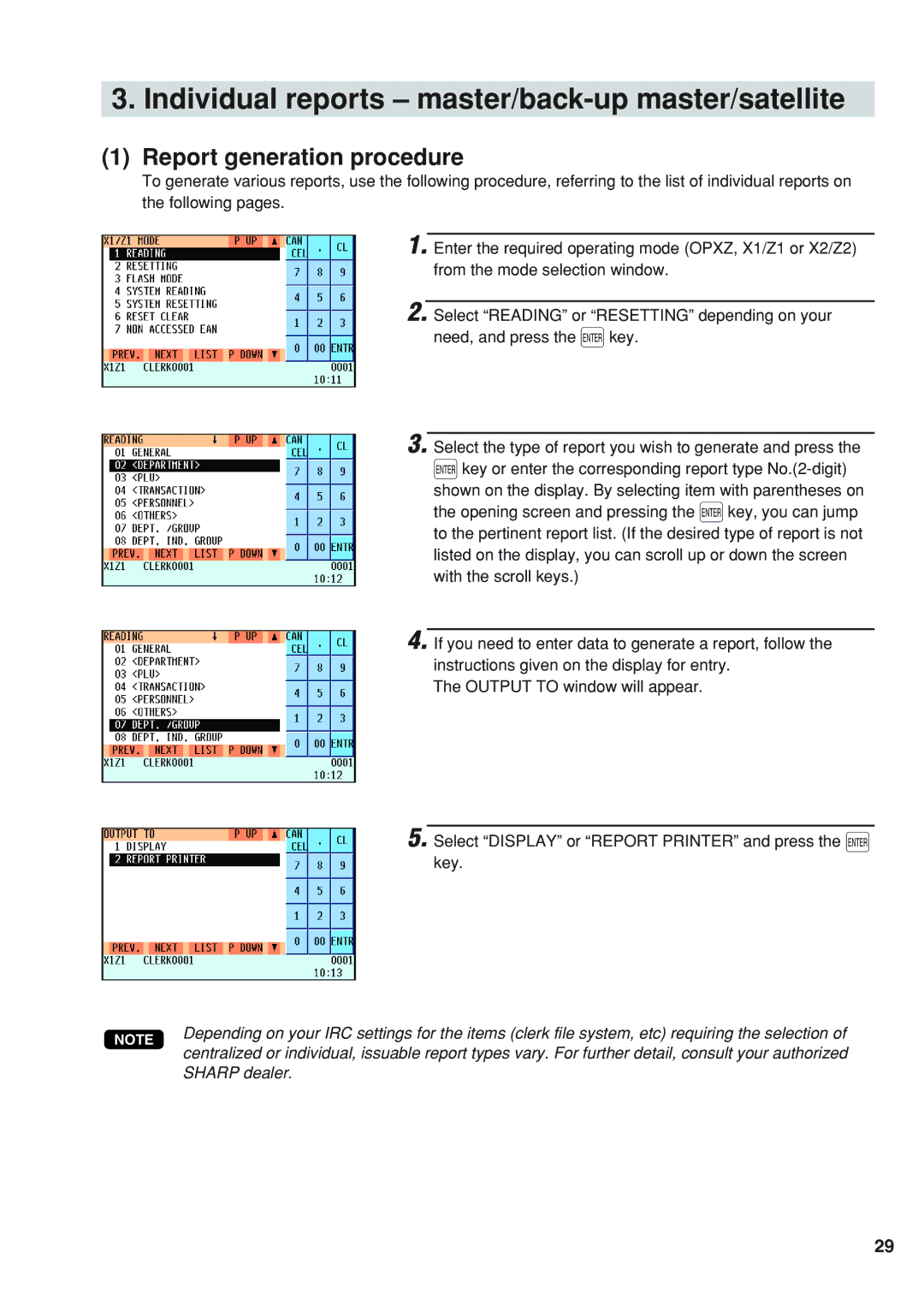 Sharp UP-820F, UP-820N manual Individual reports master/back-up master/satellite, Report generation procedure 