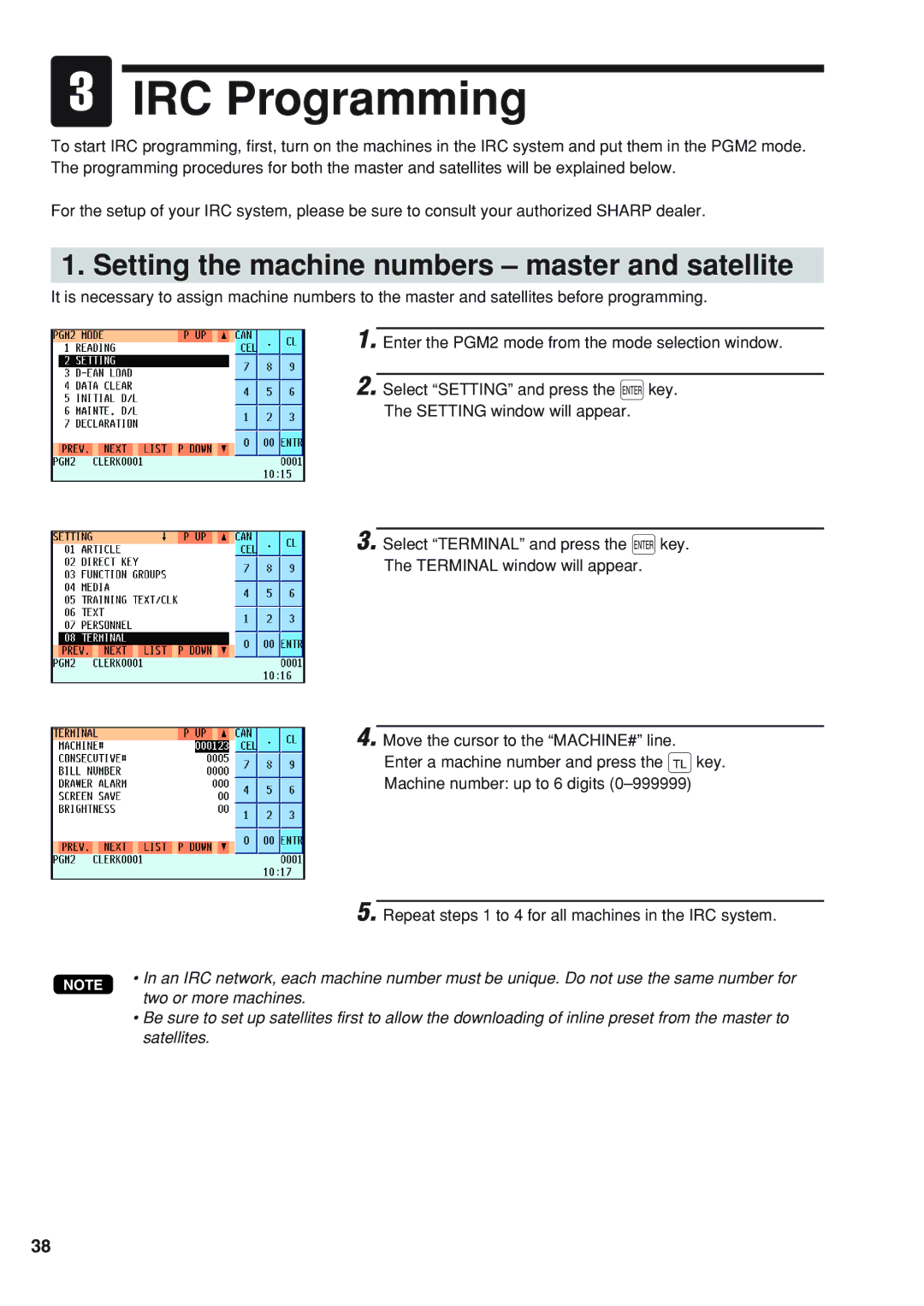 Sharp UP-820N, UP-820F manual IRC Programming, Setting the machine numbers master and satellite 